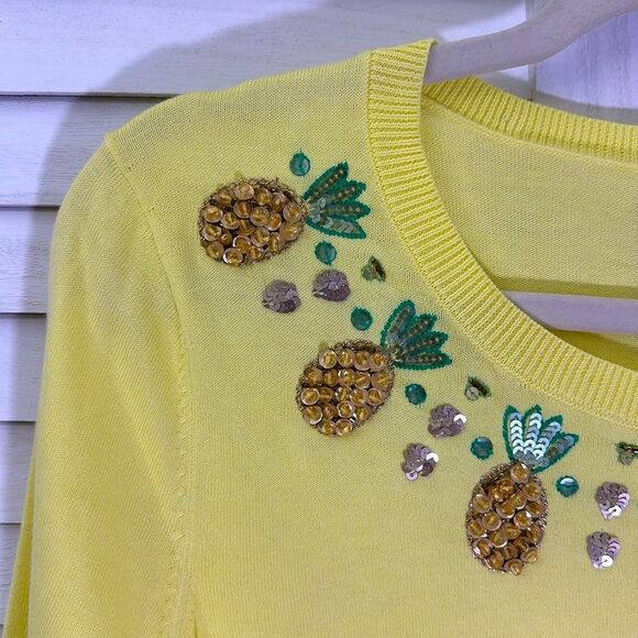Talbots Sweater Size Medium Yellow Pineapple Hand Beaded NWOT - Picture 4 of 10